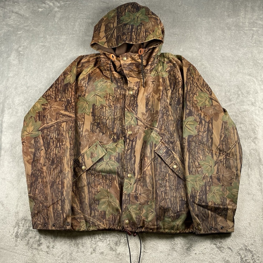 Vintage Cabelas Jacket Mens L Dry Plus Made In USA Trebark Camo Hooded Hunting